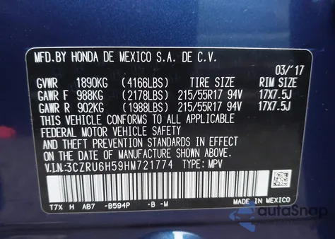 2017 Honda Hr-V Ex z USA, uszkodzony, nr VIN 3CZRU6H59HM721774